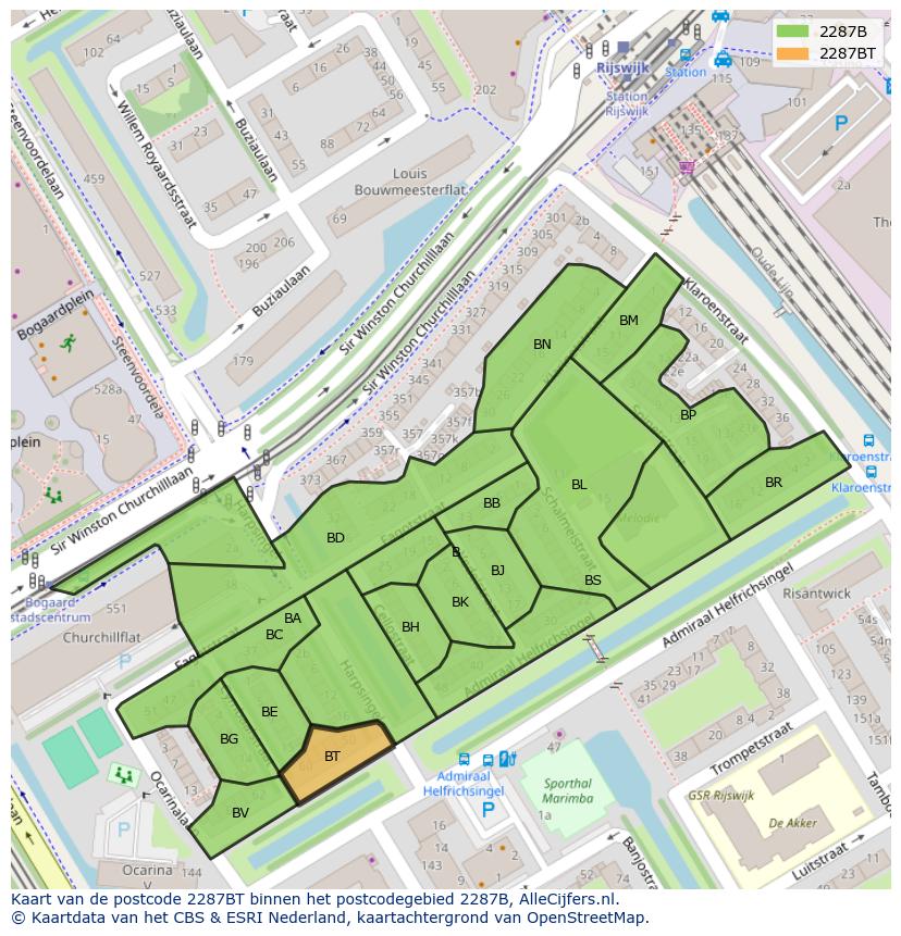Afbeelding van het postcodegebied 2287 BT op de kaart.