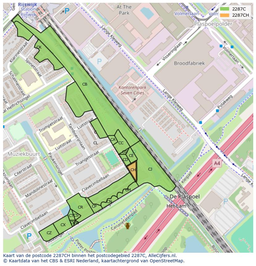Afbeelding van het postcodegebied 2287 CH op de kaart.