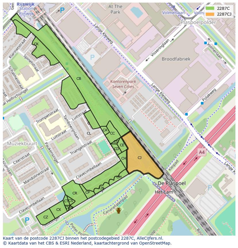 Afbeelding van het postcodegebied 2287 CJ op de kaart.
