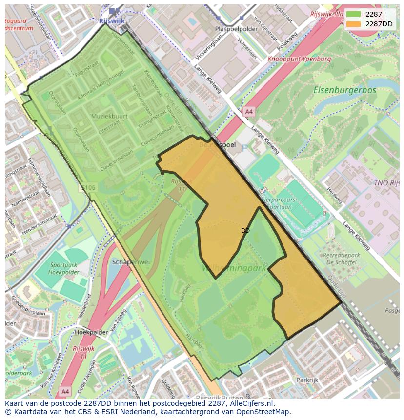 Afbeelding van het postcodegebied 2287 DD op de kaart.