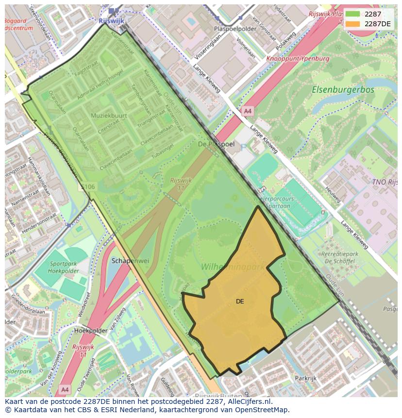 Afbeelding van het postcodegebied 2287 DE op de kaart.