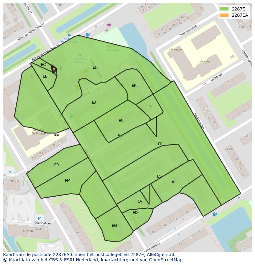 Afbeelding van het postcodegebied 2287 EA op de kaart.