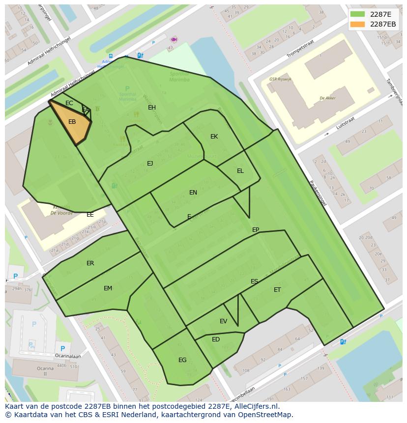 Afbeelding van het postcodegebied 2287 EB op de kaart.