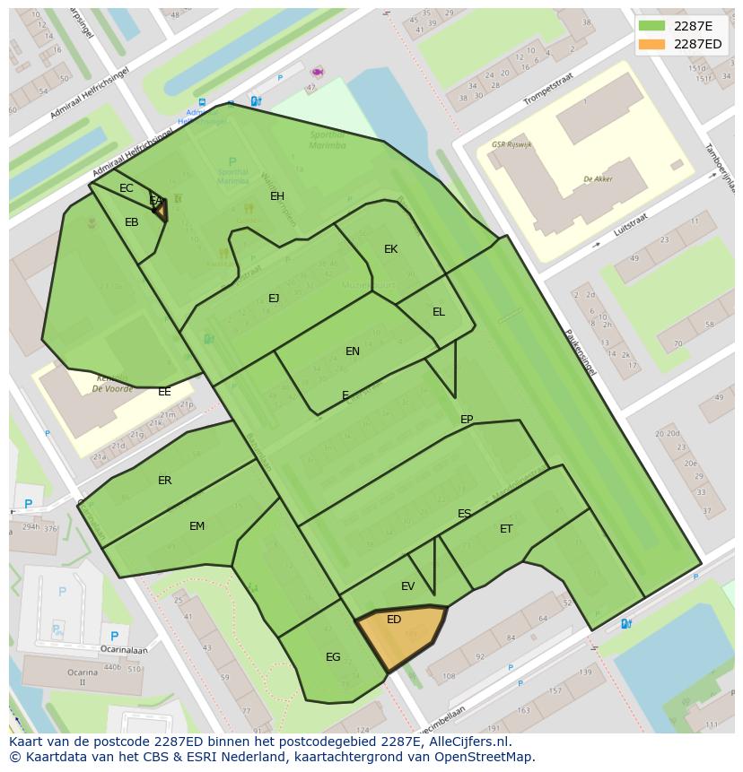 Afbeelding van het postcodegebied 2287 ED op de kaart.