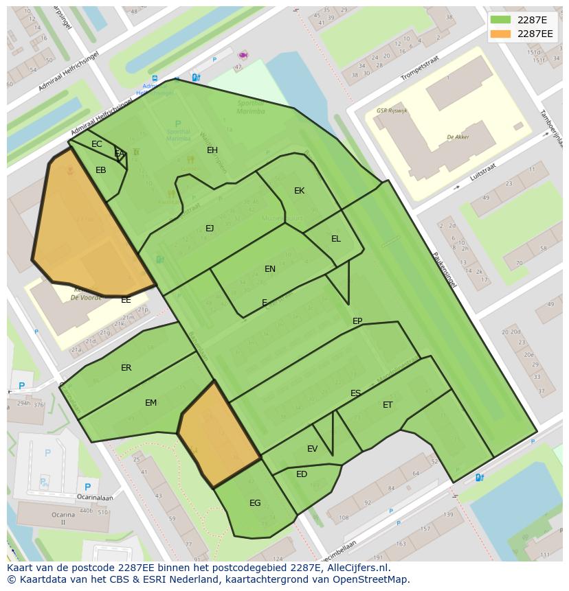 Afbeelding van het postcodegebied 2287 EE op de kaart.