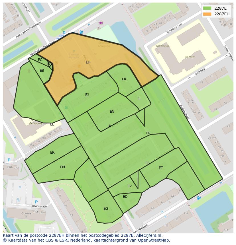 Afbeelding van het postcodegebied 2287 EH op de kaart.
