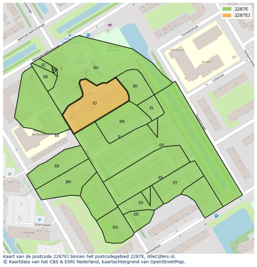 Afbeelding van het postcodegebied 2287 EJ op de kaart.
