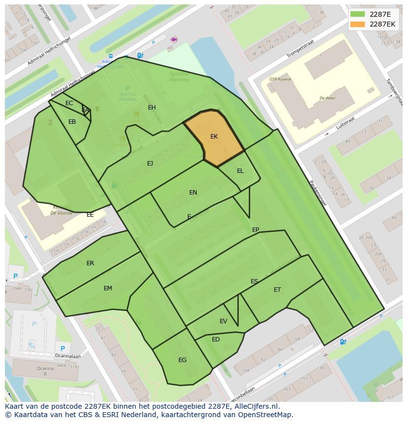 Afbeelding van het postcodegebied 2287 EK op de kaart.