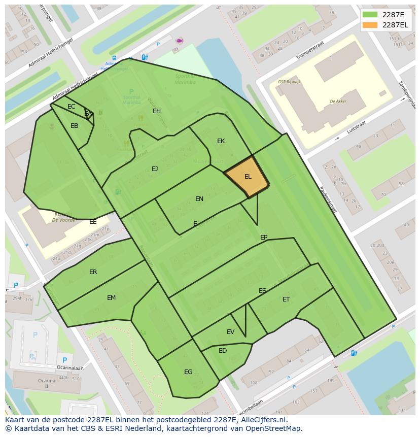 Afbeelding van het postcodegebied 2287 EL op de kaart.