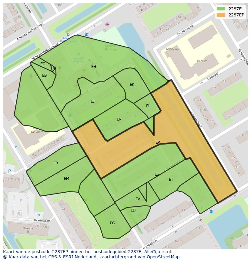 Afbeelding van het postcodegebied 2287 EP op de kaart.