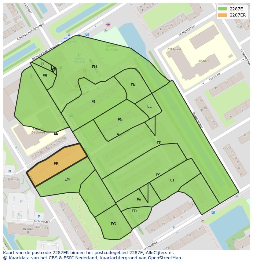 Afbeelding van het postcodegebied 2287 ER op de kaart.