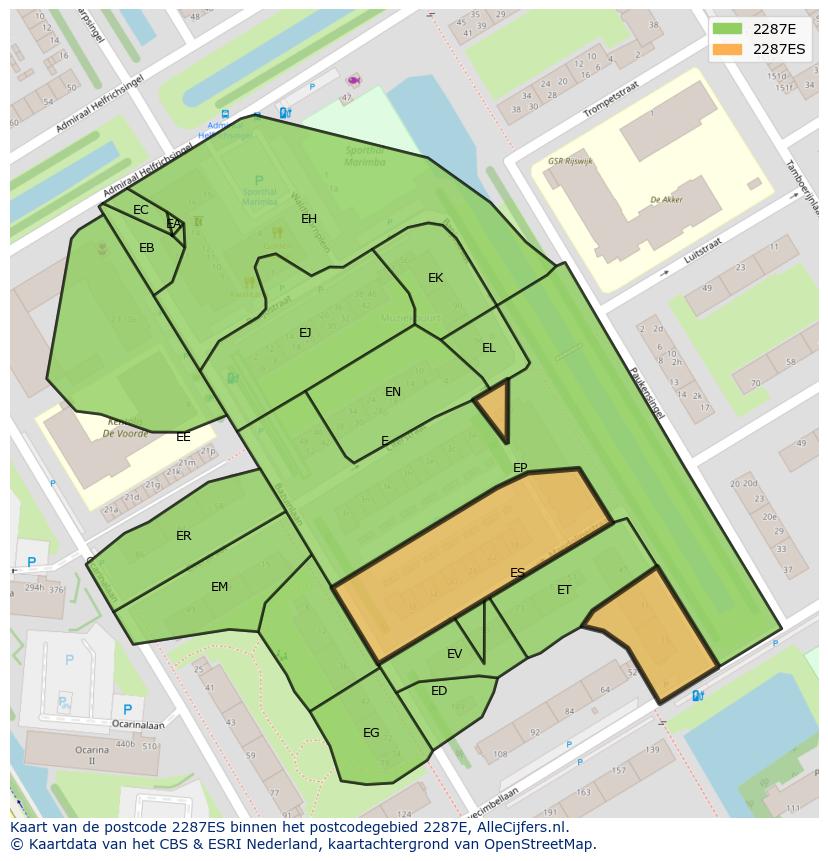 Afbeelding van het postcodegebied 2287 ES op de kaart.