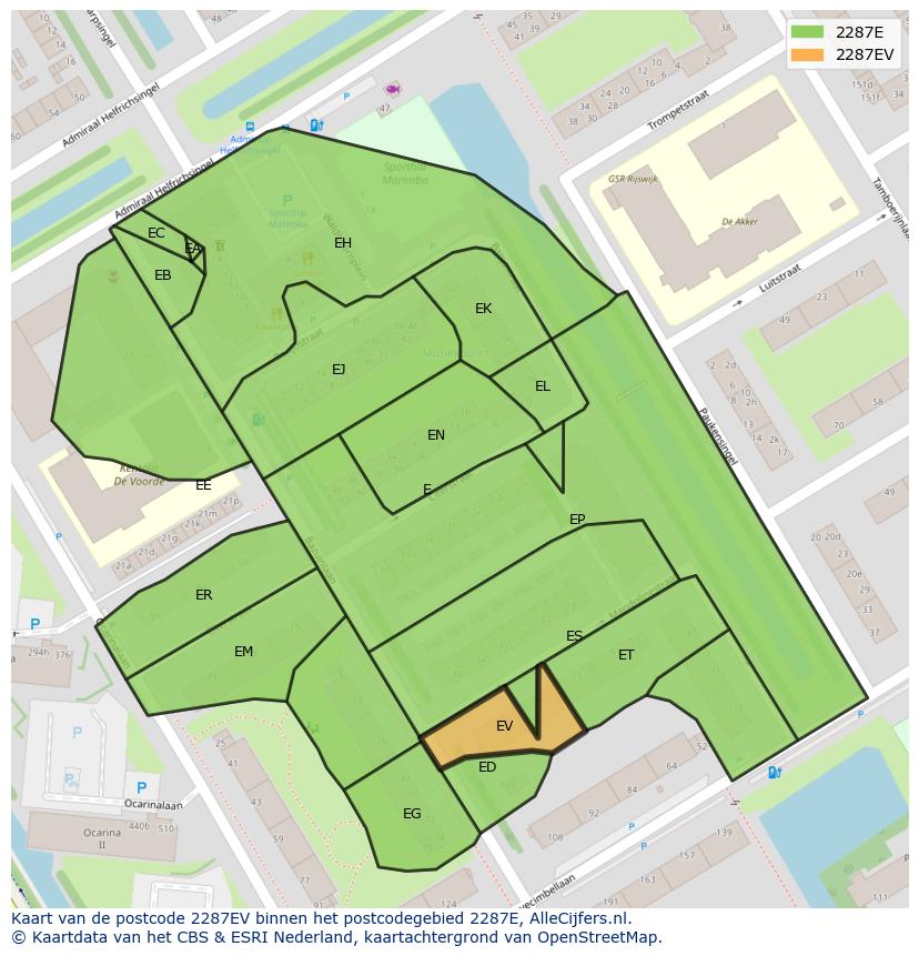 Afbeelding van het postcodegebied 2287 EV op de kaart.