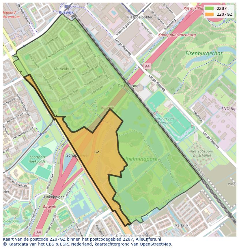 Afbeelding van het postcodegebied 2287 GZ op de kaart.