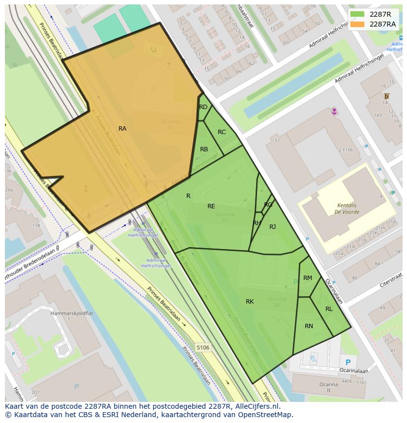 Afbeelding van het postcodegebied 2287 RA op de kaart.