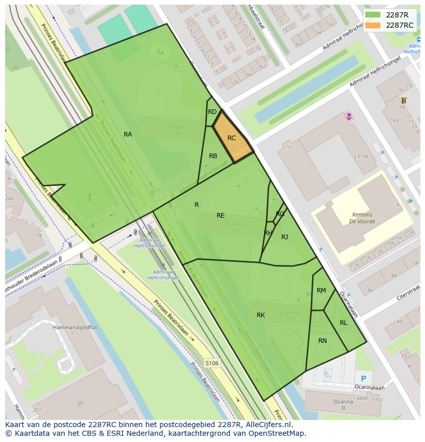 Afbeelding van het postcodegebied 2287 RC op de kaart.