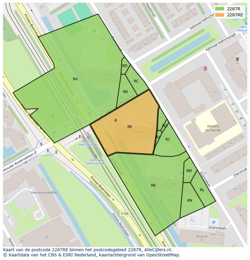 Afbeelding van het postcodegebied 2287 RE op de kaart.