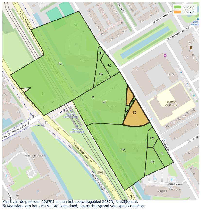 Afbeelding van het postcodegebied 2287 RJ op de kaart.
