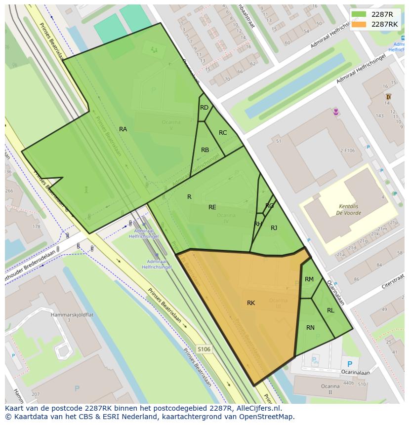 Afbeelding van het postcodegebied 2287 RK op de kaart.