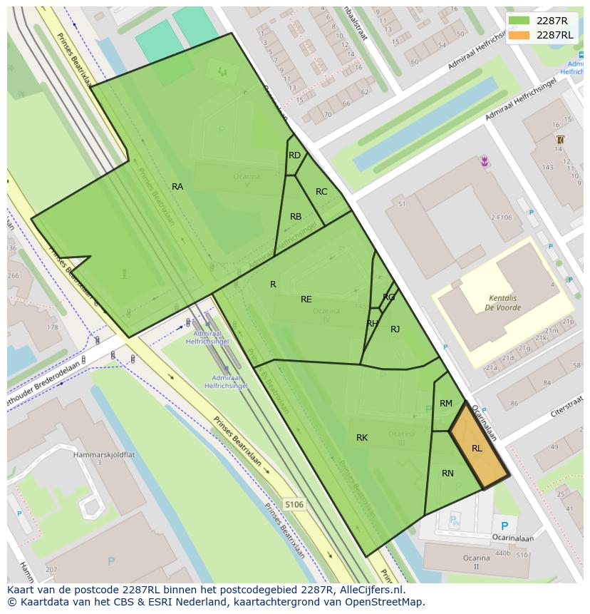 Afbeelding van het postcodegebied 2287 RL op de kaart.