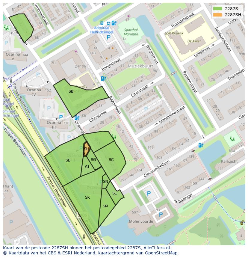 Afbeelding van het postcodegebied 2287 SH op de kaart.
