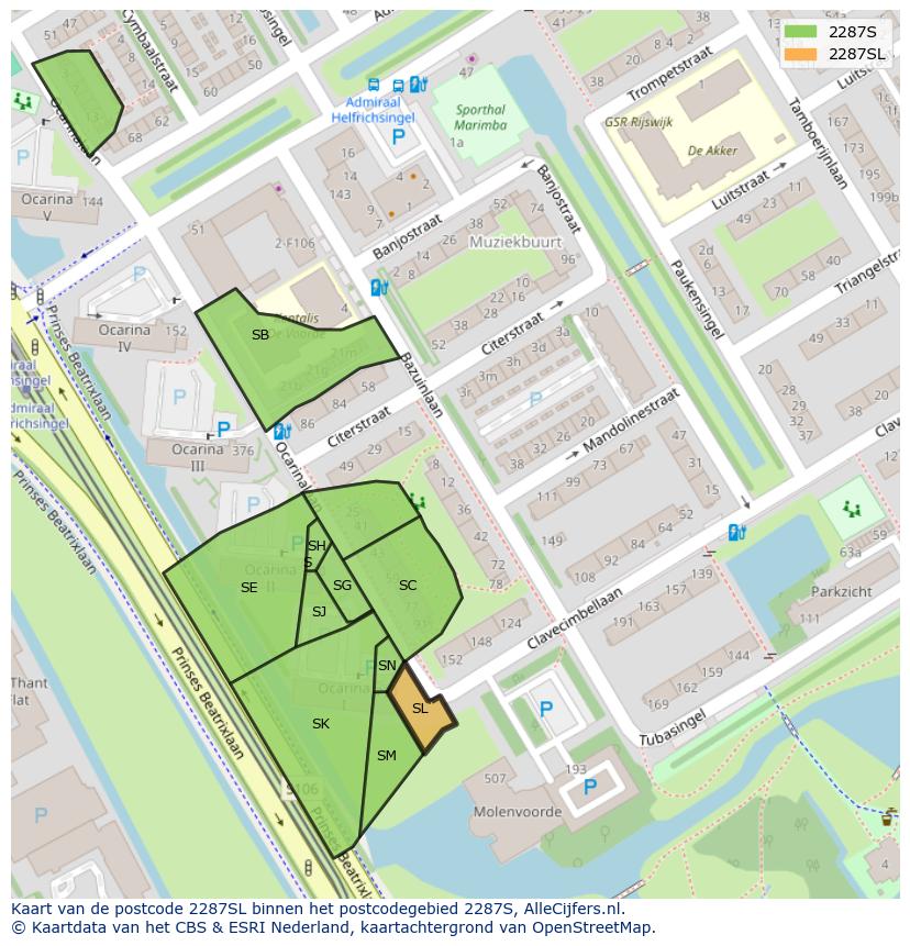 Afbeelding van het postcodegebied 2287 SL op de kaart.