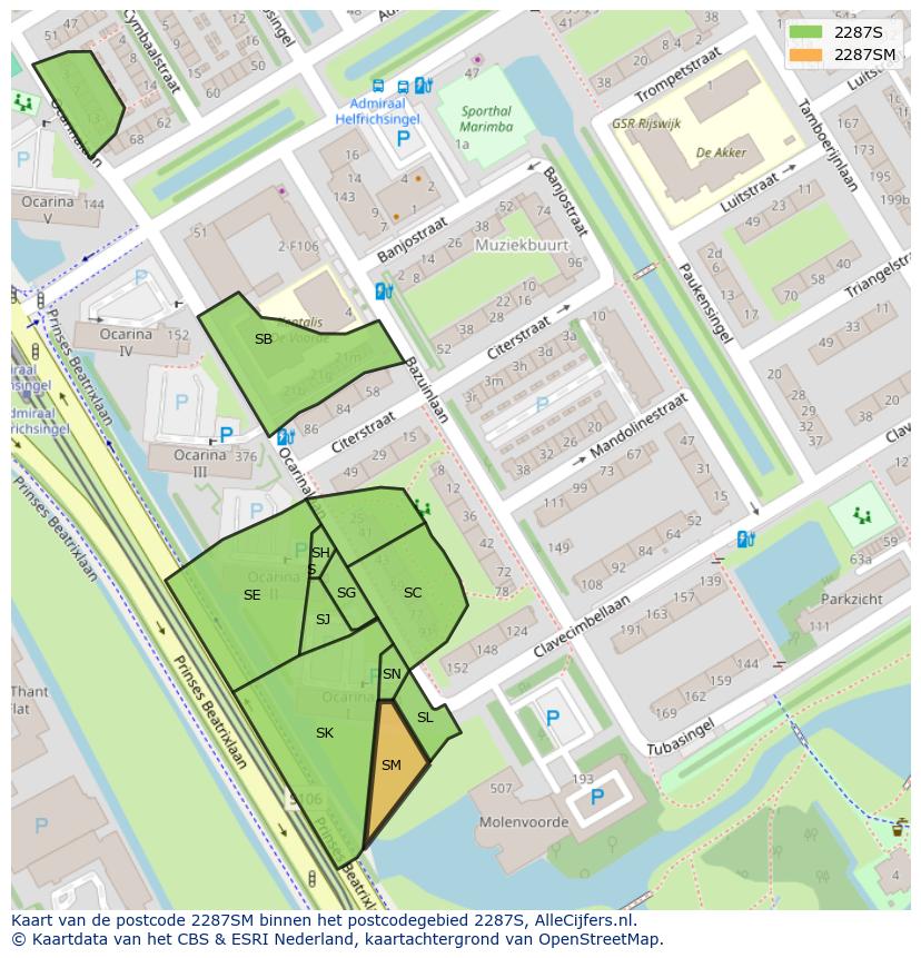 Afbeelding van het postcodegebied 2287 SM op de kaart.