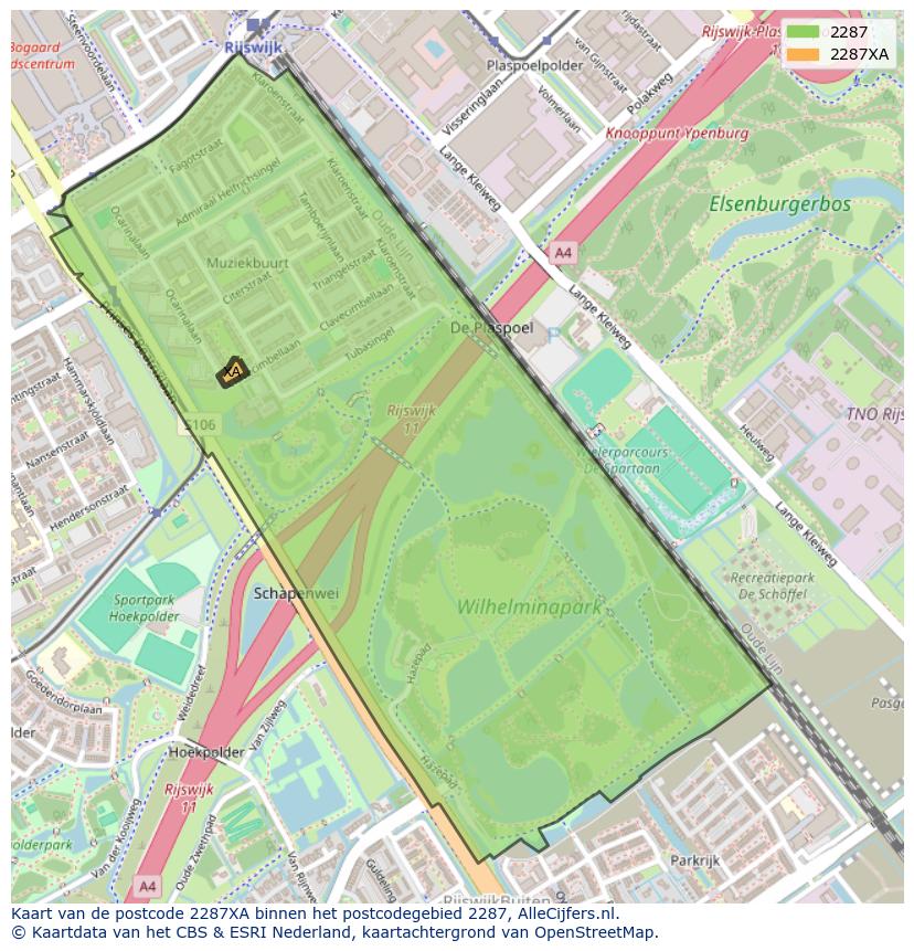 Afbeelding van het postcodegebied 2287 XA op de kaart.