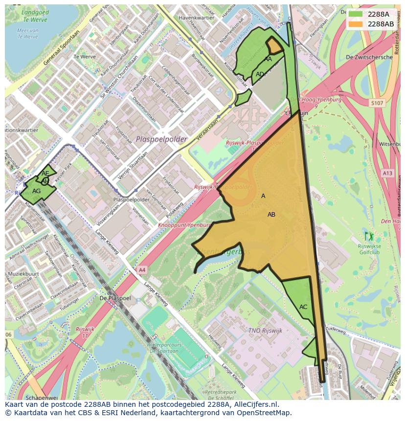 Afbeelding van het postcodegebied 2288 AB op de kaart.