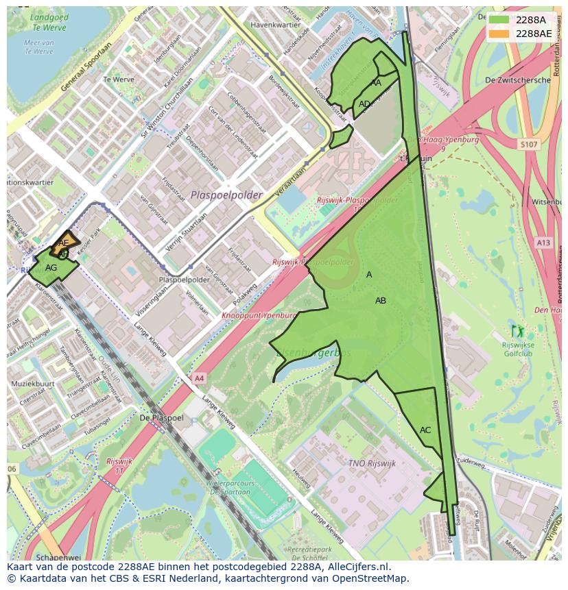 Afbeelding van het postcodegebied 2288 AE op de kaart.