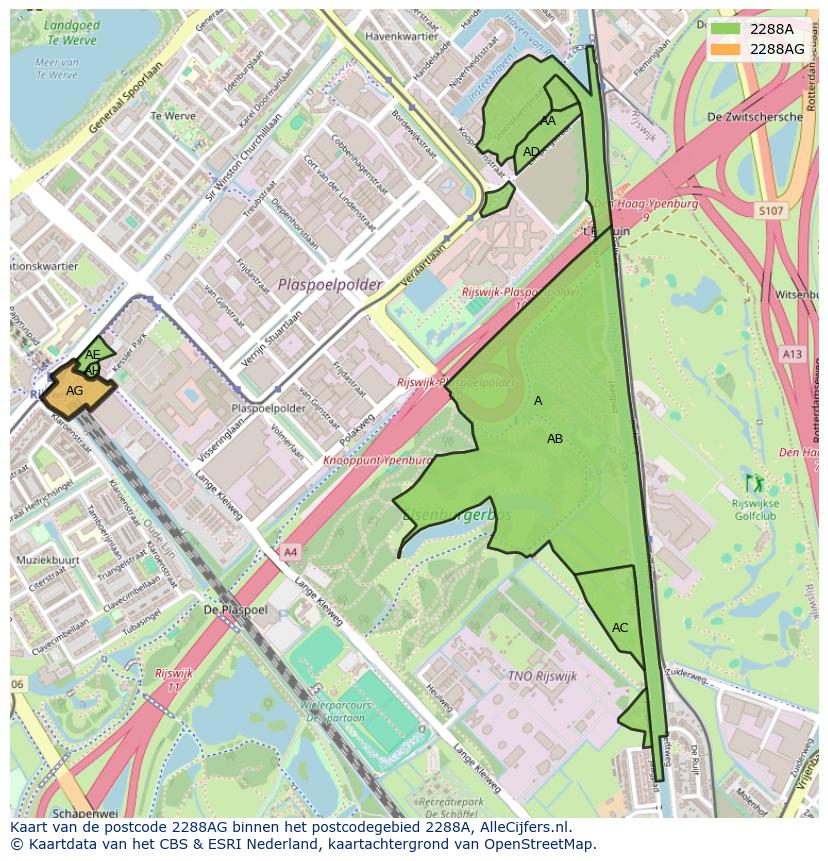 Afbeelding van het postcodegebied 2288 AG op de kaart.