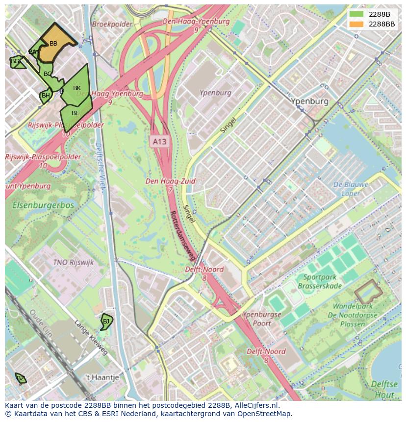 Afbeelding van het postcodegebied 2288 BB op de kaart.