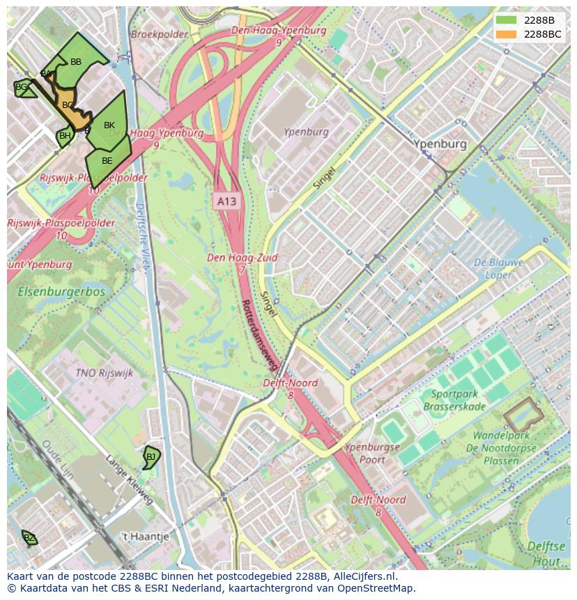 Afbeelding van het postcodegebied 2288 BC op de kaart.
