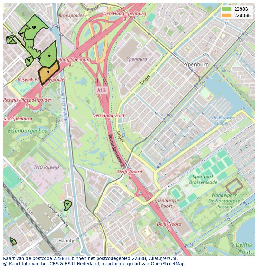 Afbeelding van het postcodegebied 2288 BE op de kaart.