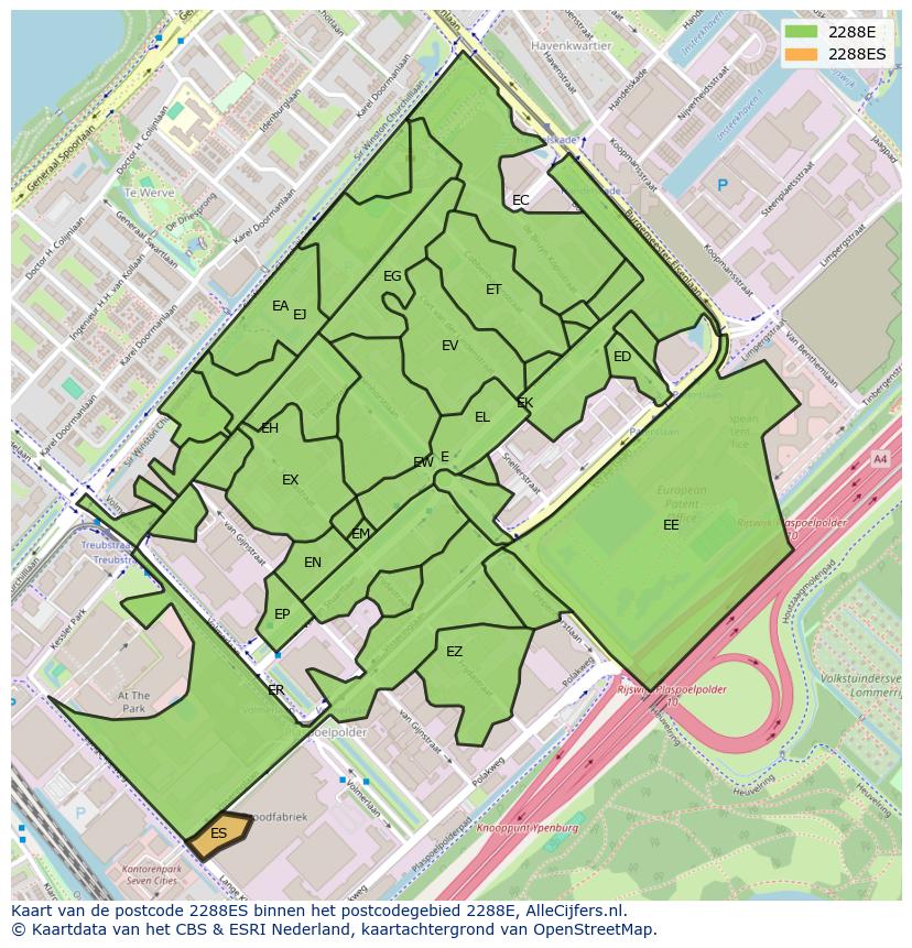 Afbeelding van het postcodegebied 2288 ES op de kaart.