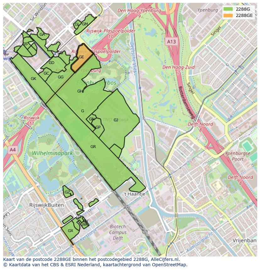 Afbeelding van het postcodegebied 2288 GE op de kaart.