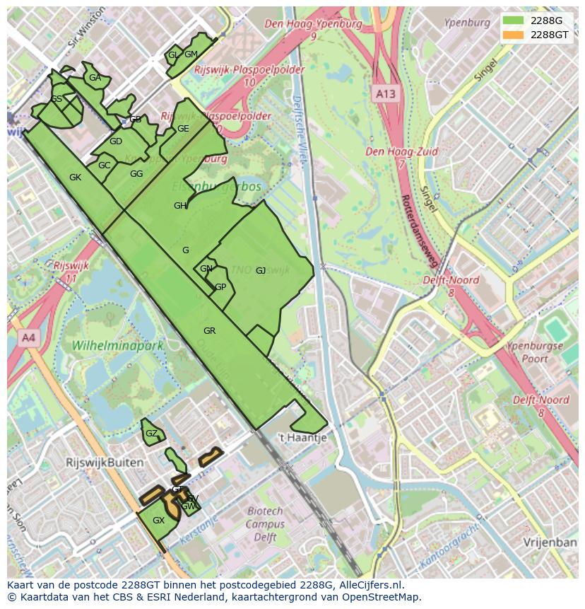 Afbeelding van het postcodegebied 2288 GT op de kaart.