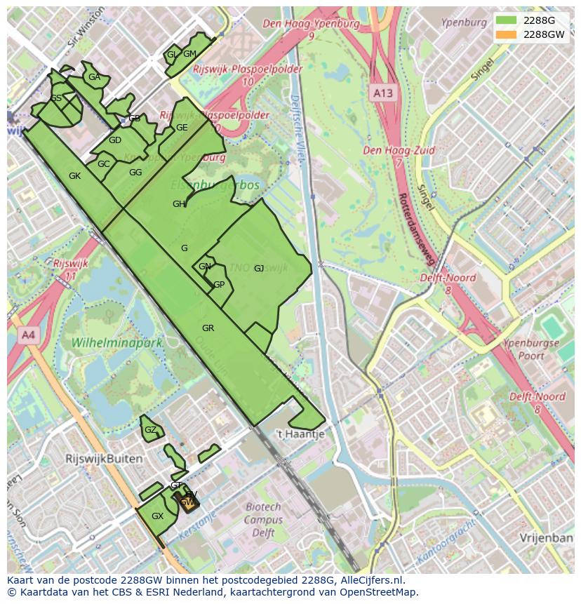 Afbeelding van het postcodegebied 2288 GW op de kaart.