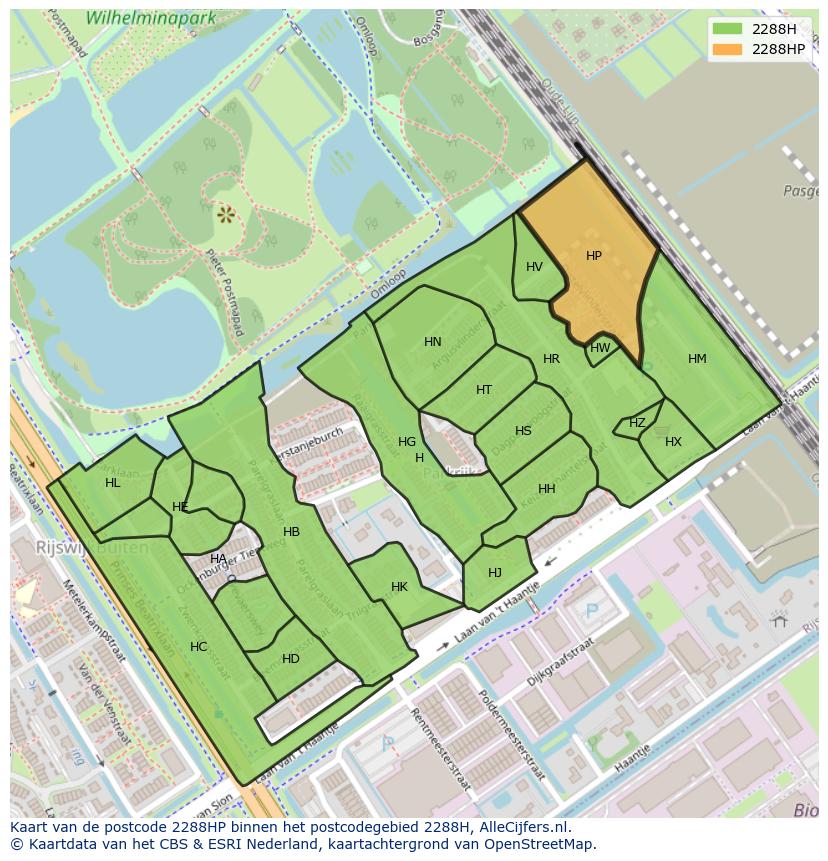 Afbeelding van het postcodegebied 2288 HP op de kaart.