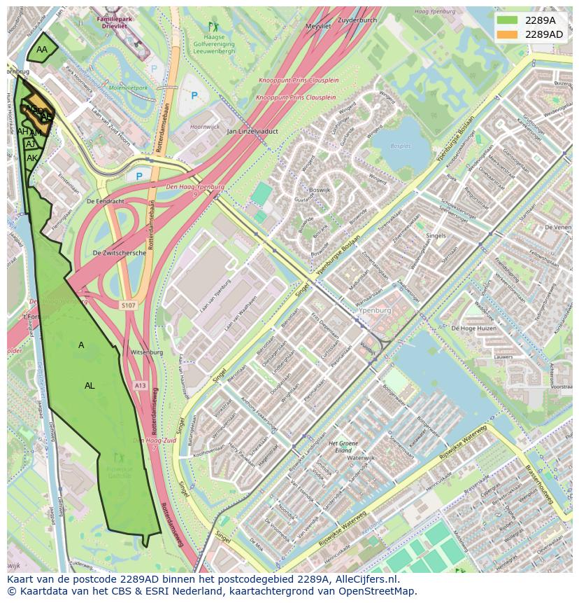 Afbeelding van het postcodegebied 2289 AD op de kaart.