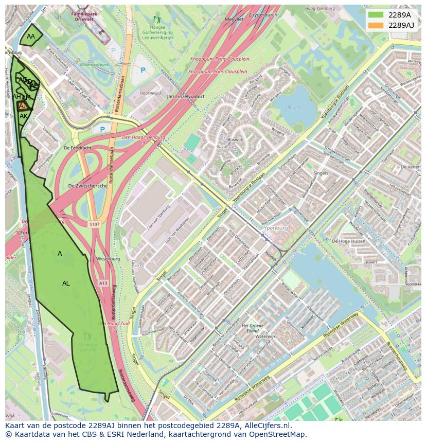 Afbeelding van het postcodegebied 2289 AJ op de kaart.