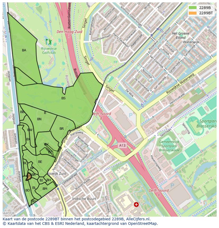 Afbeelding van het postcodegebied 2289 BT op de kaart.