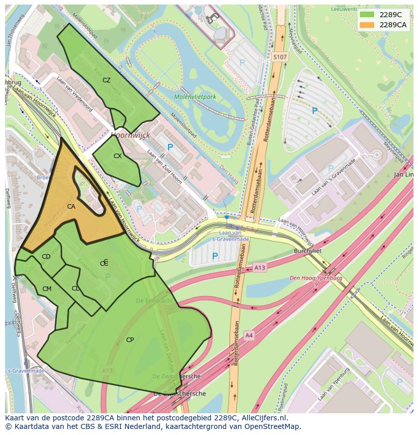 Afbeelding van het postcodegebied 2289 CA op de kaart.