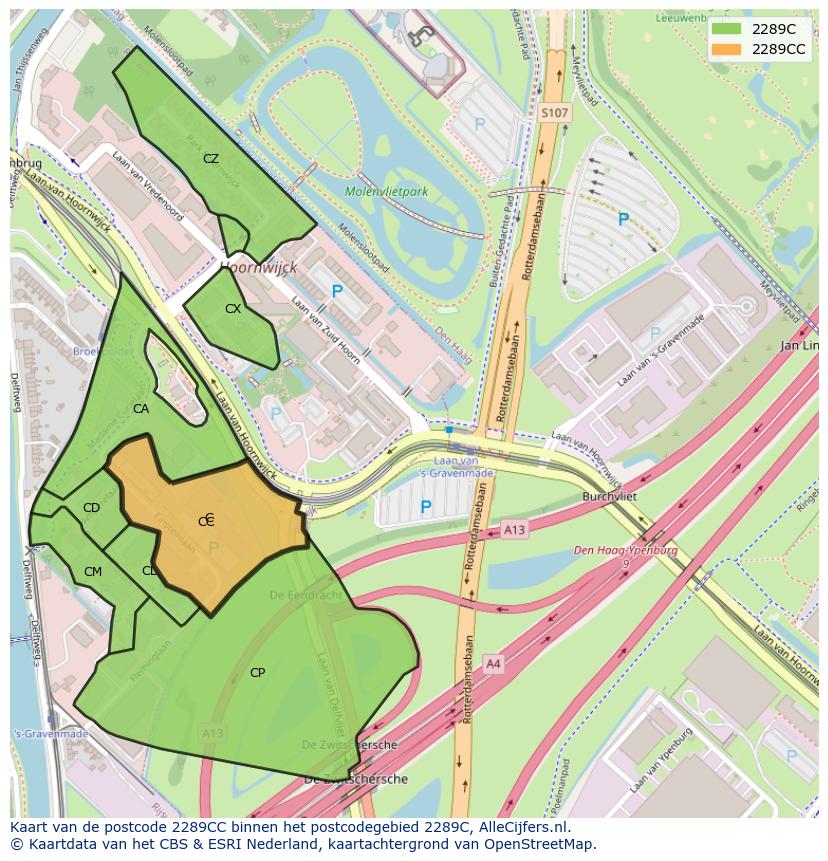 Afbeelding van het postcodegebied 2289 CC op de kaart.