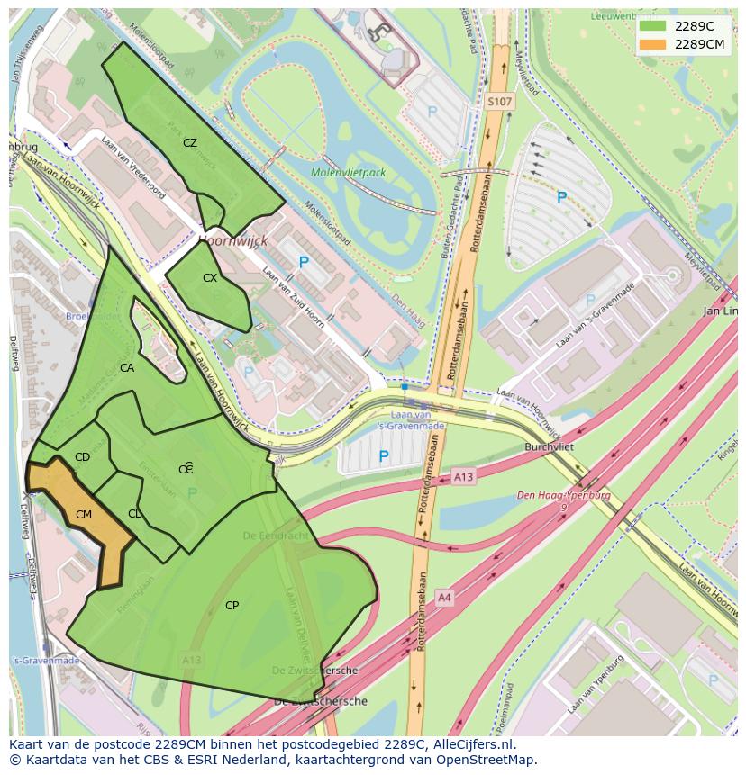 Afbeelding van het postcodegebied 2289 CM op de kaart.