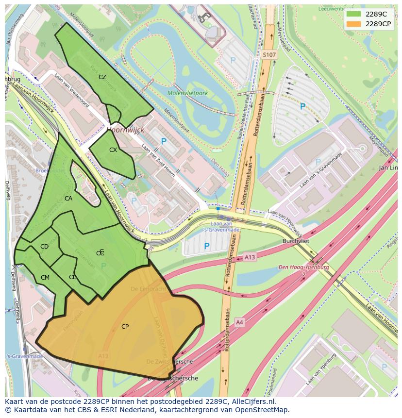 Afbeelding van het postcodegebied 2289 CP op de kaart.