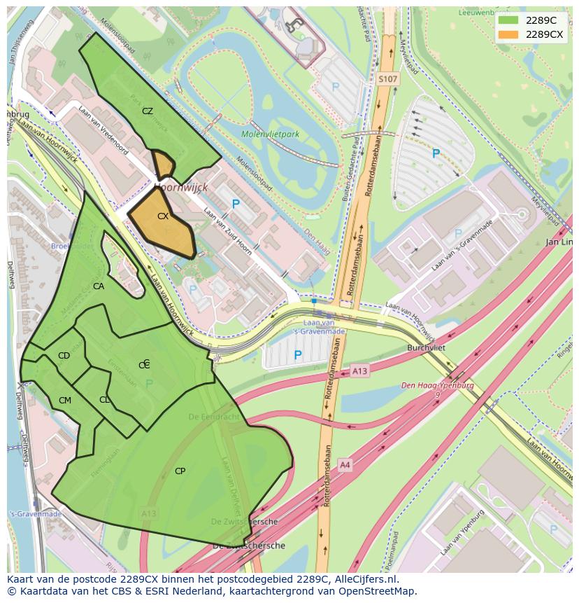 Afbeelding van het postcodegebied 2289 CX op de kaart.