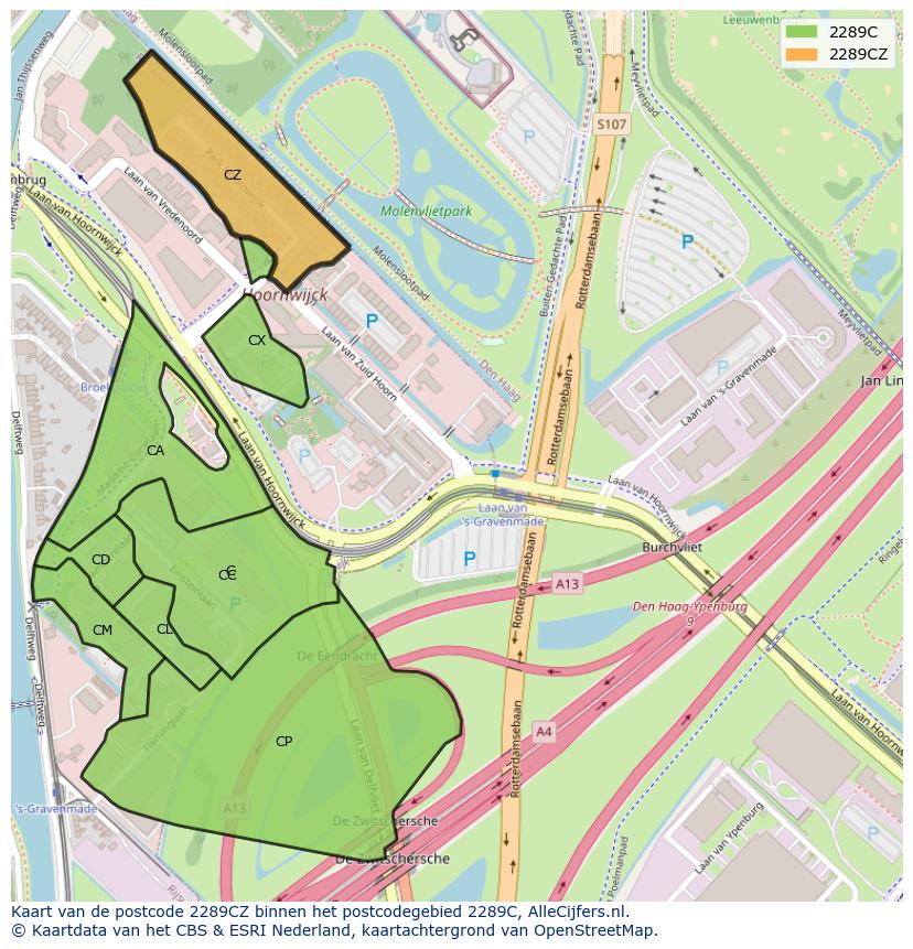 Afbeelding van het postcodegebied 2289 CZ op de kaart.