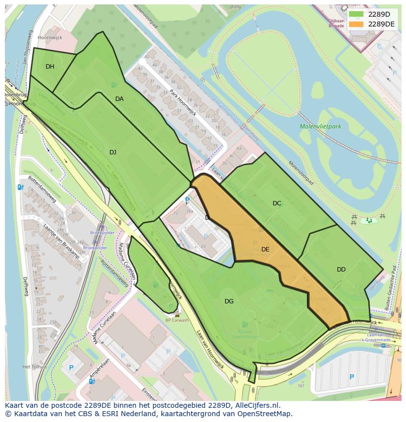 Afbeelding van het postcodegebied 2289 DE op de kaart.
