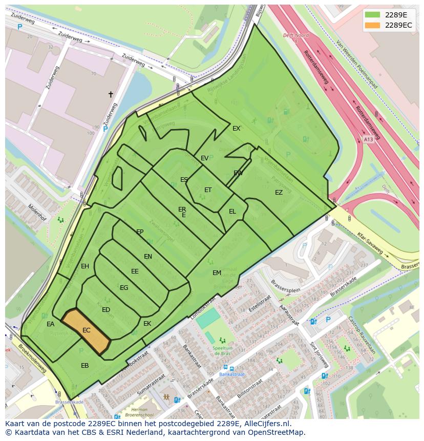 Afbeelding van het postcodegebied 2289 EC op de kaart.